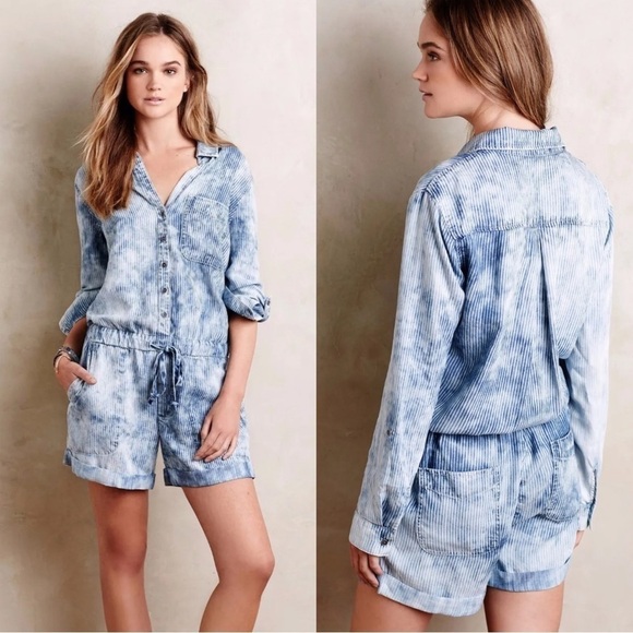 cloth & stone Pants - Cloth & Stone Anthropologie Blue Tencel Piper Button Front Long Sleeve Romper XS